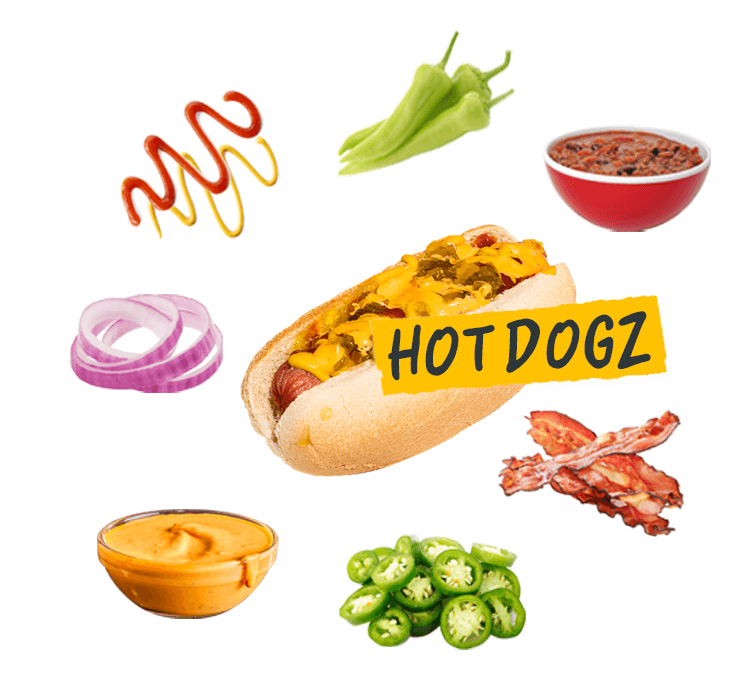 Hot dog with toppings floating around it