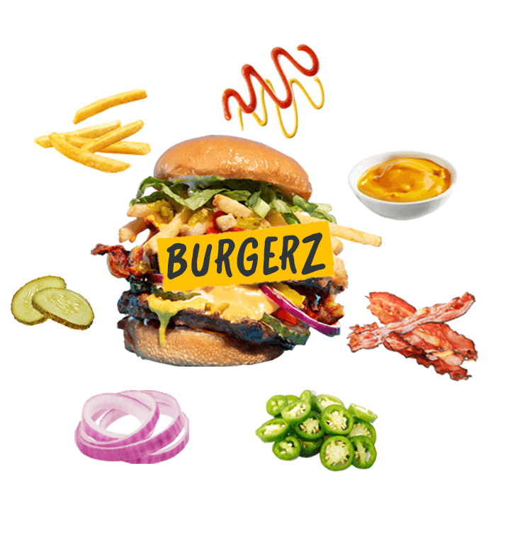 Cutout of a burger with toppings floating around it