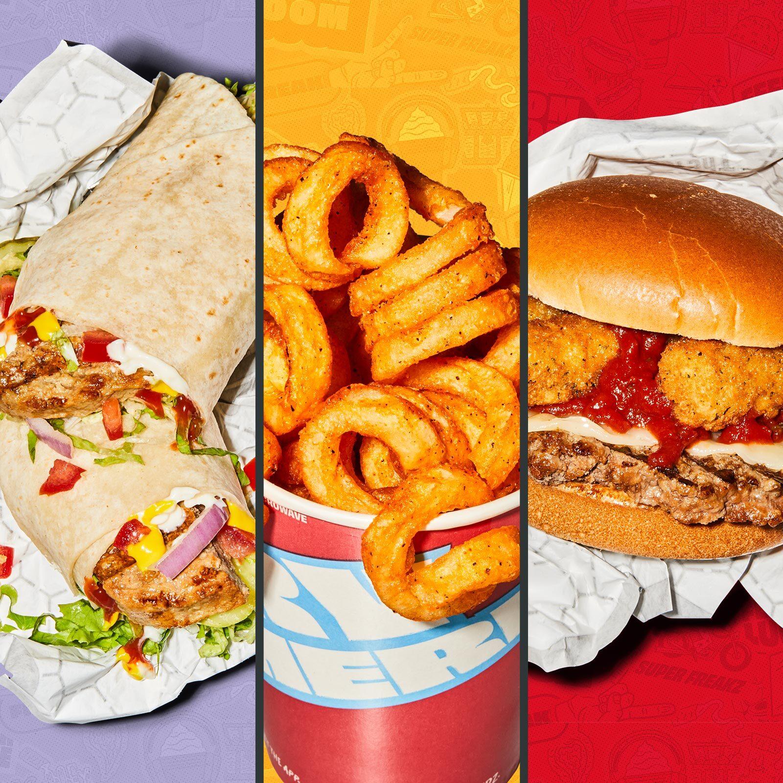 Collage of a Shnack Wrap, Curly Fryz, and a Big Mozz Burger